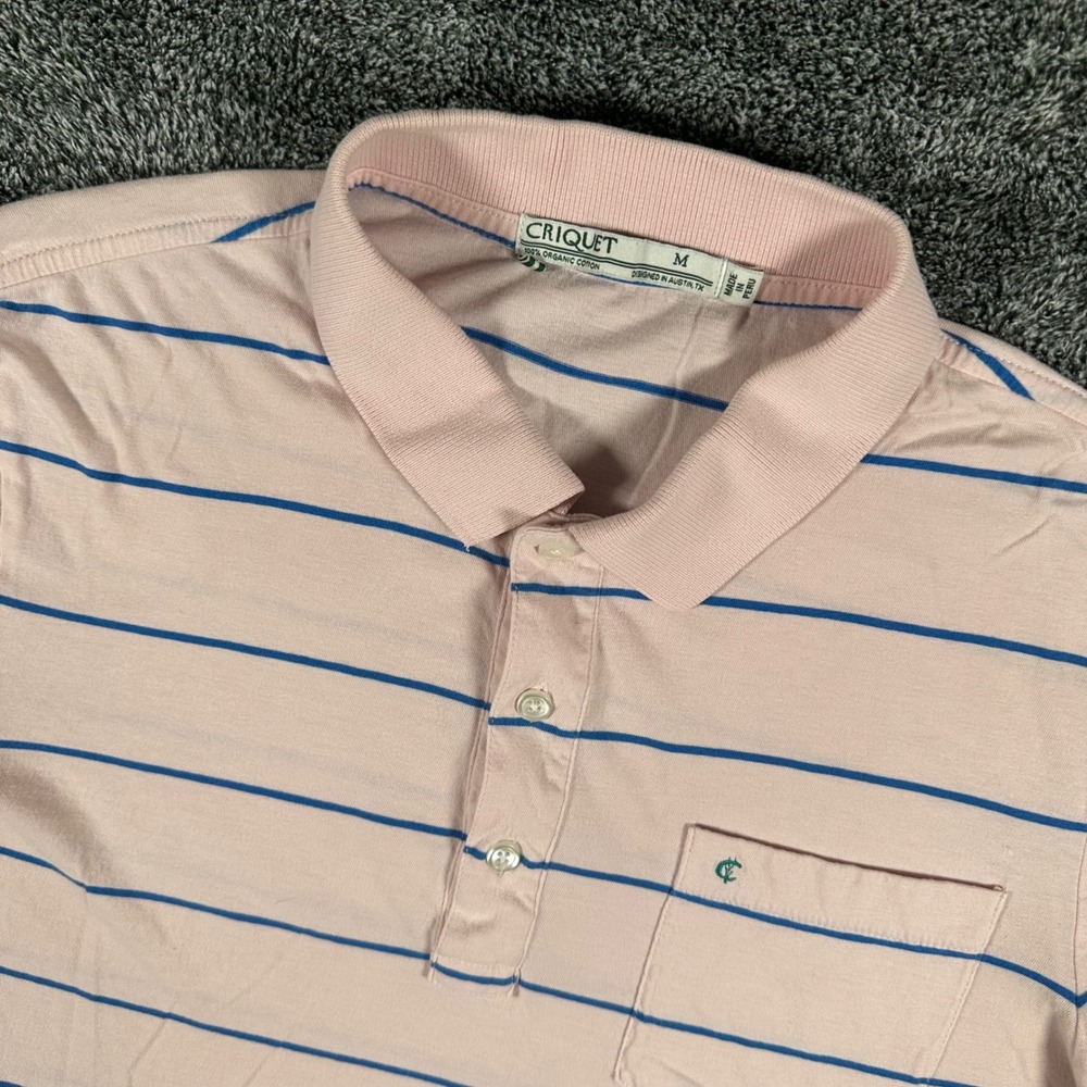Criquet Polo Shirt Mens M Pink Blue Striped Organic Cotton Pocket Short Sleeve